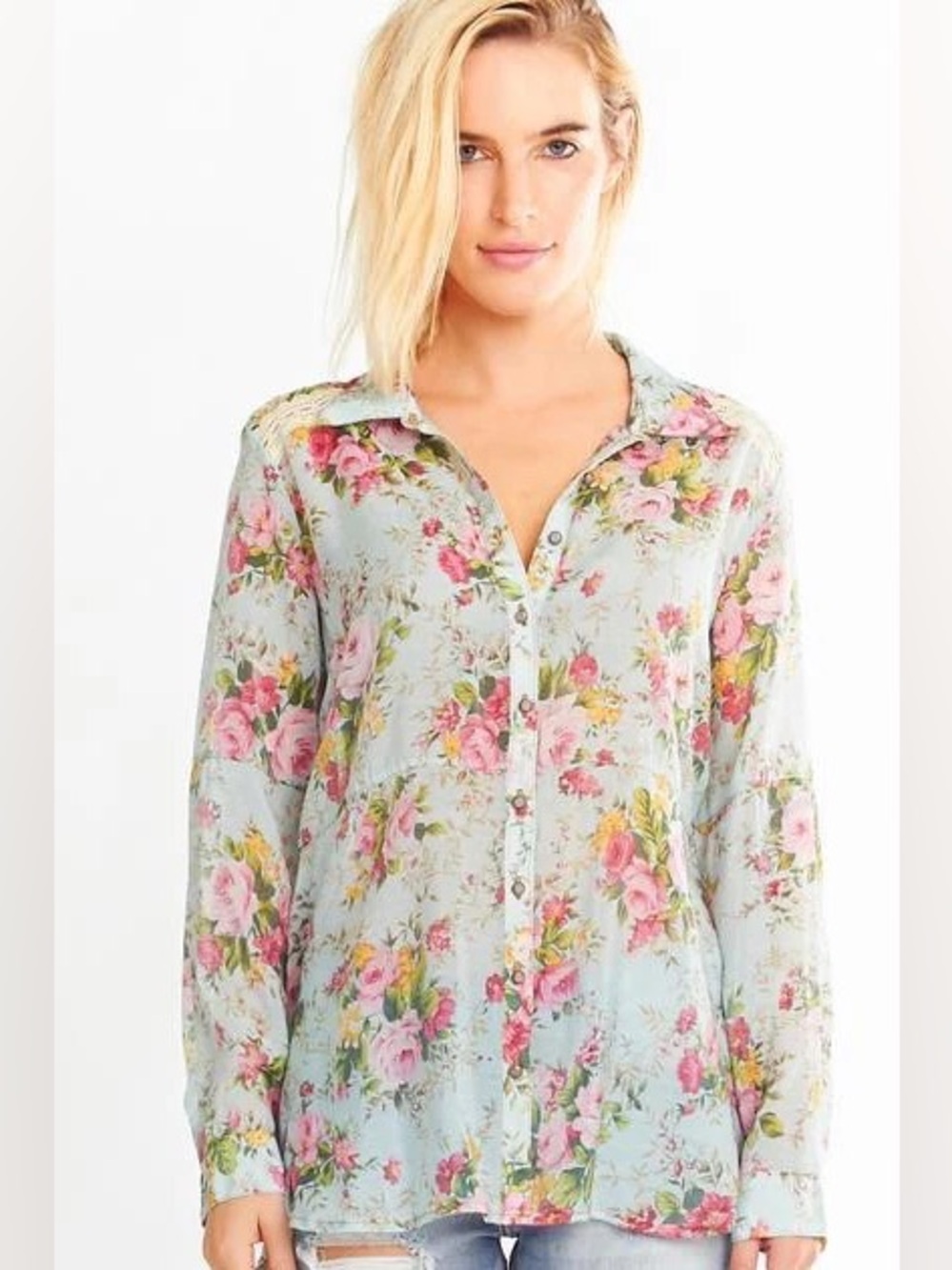 Aratta Silent Journey Garden Party Floral Embroidered Button-Up Blouse Medium